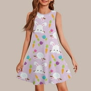 HAJWOH Girls Easter Dresses Funny Bunny Egg Print Summer Dress Sleeveless Crewneck Midi Dress Casual Comfy A-Line Dress Purple Pink 5-6 Years